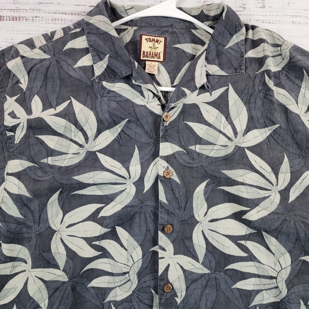 Tommy Bahama Silk Shirt Men L Blue Palm Leaf Tropical Hawaiian Camp Aloha Tee